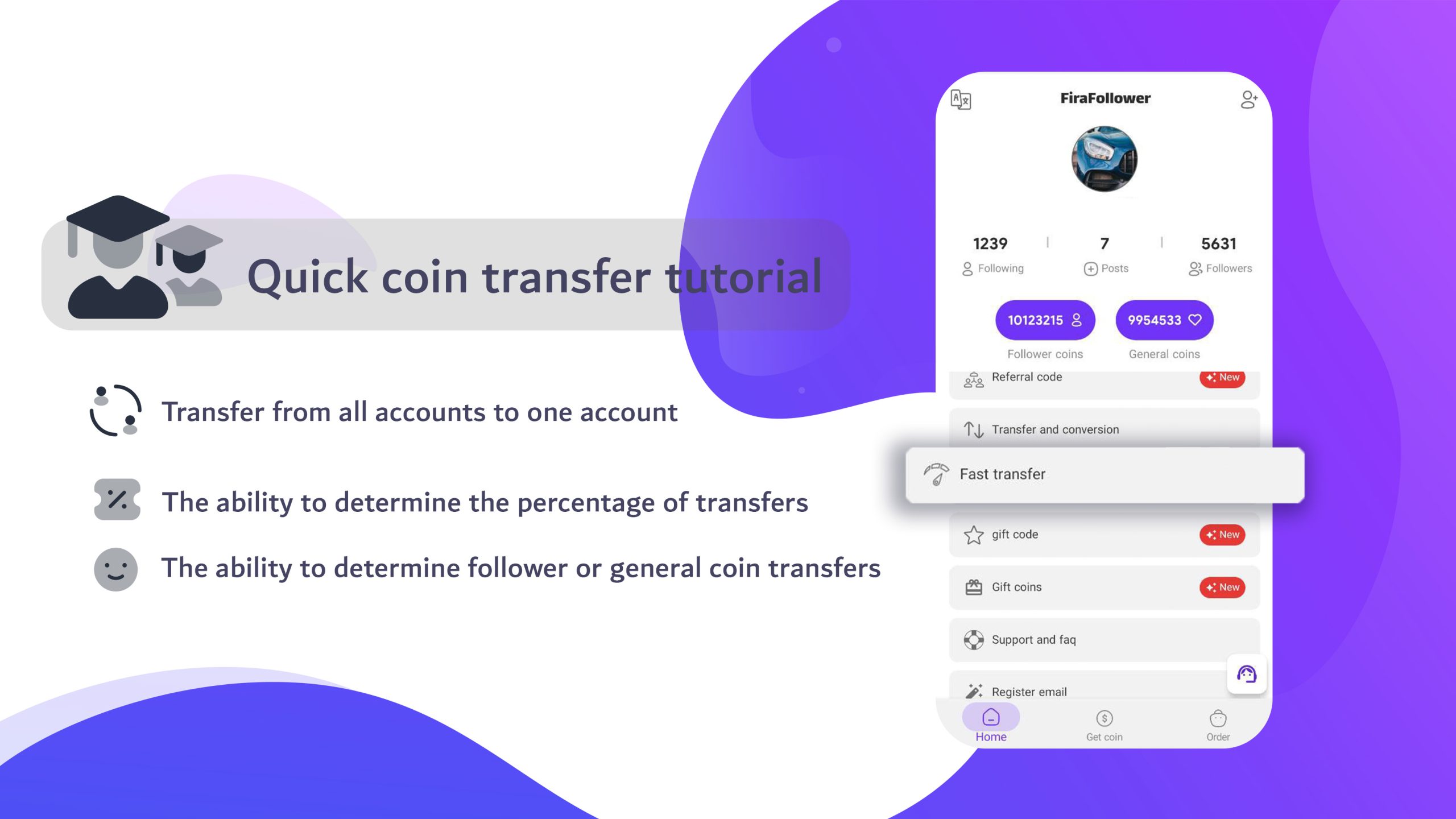 Fast transfer of coins with one click